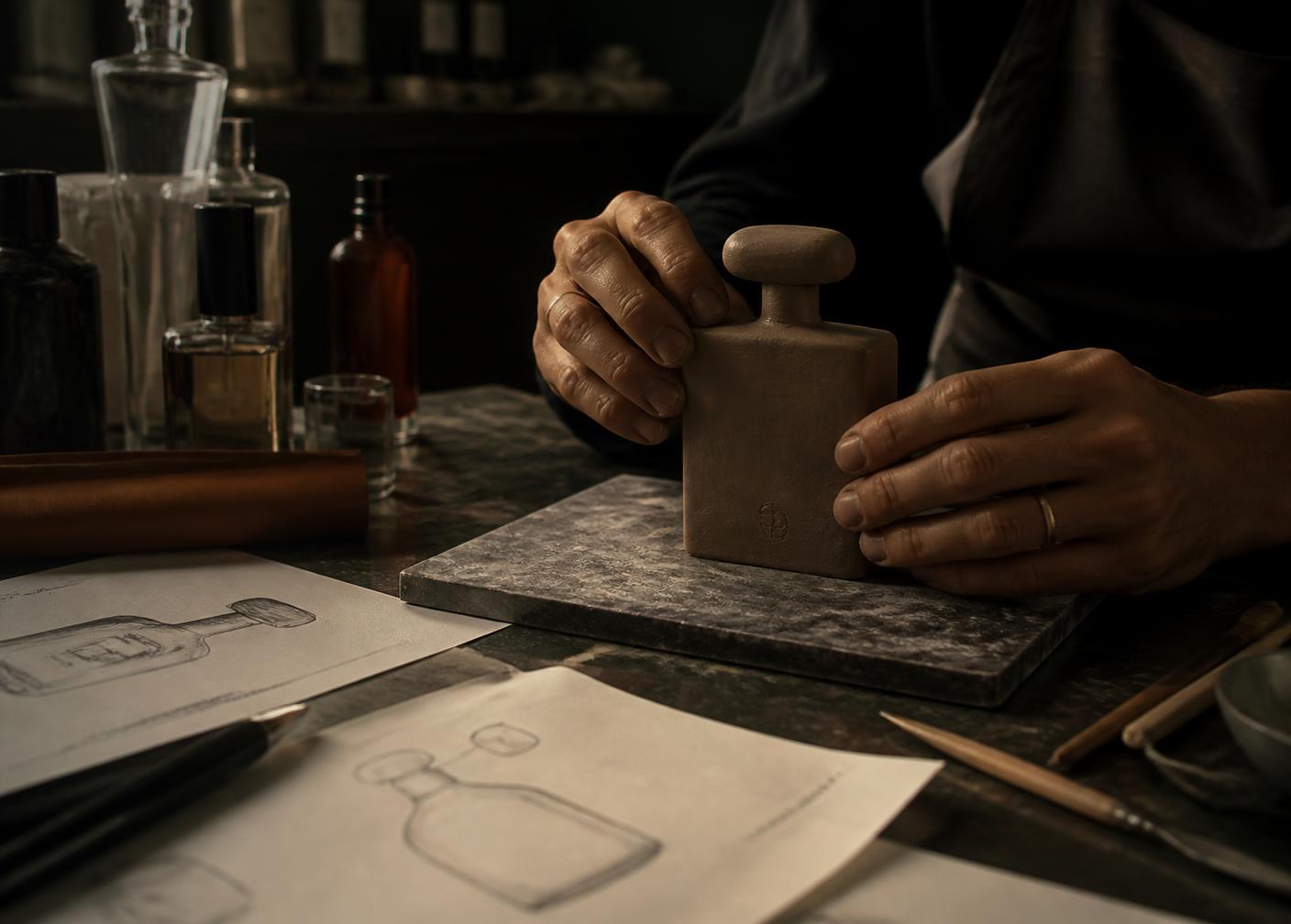 Designer shaping a clay model of a fragrance bottle beside section sketches