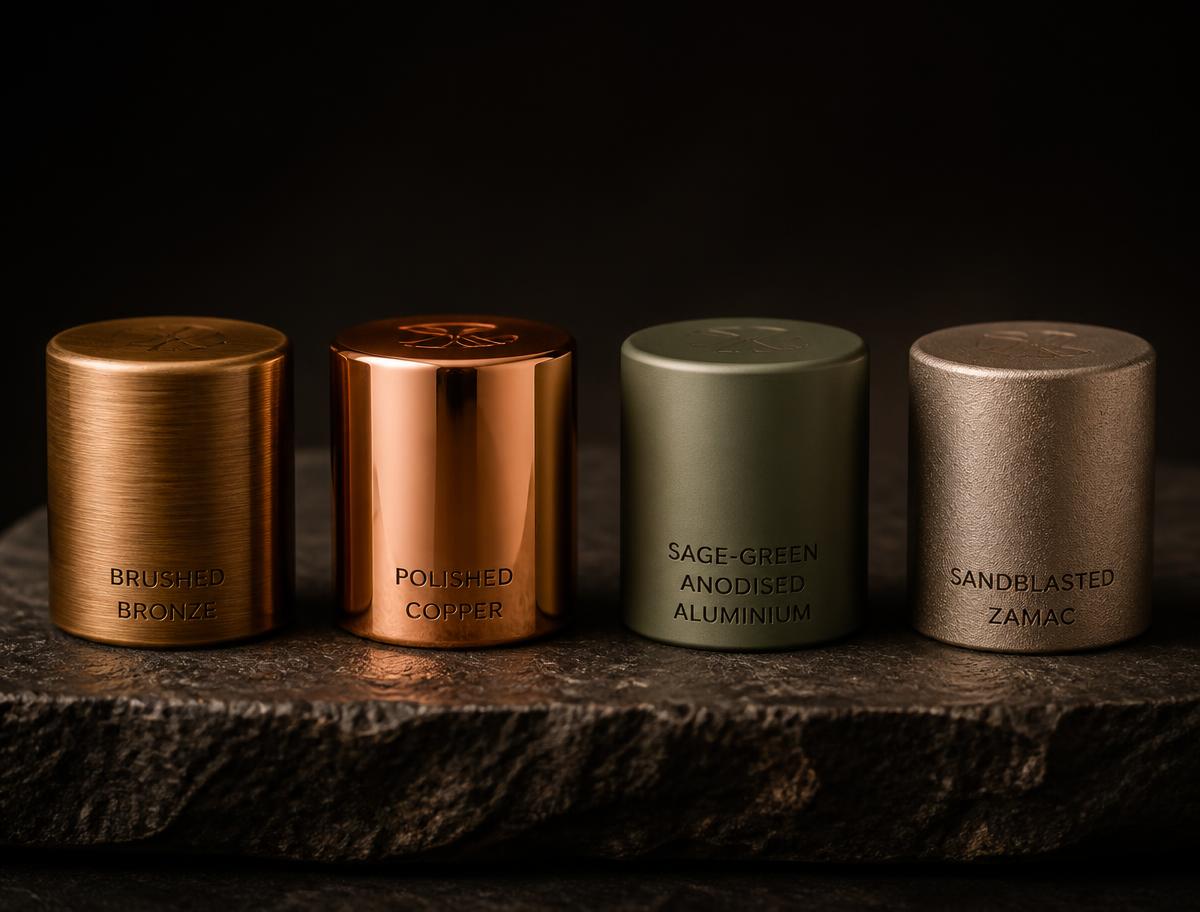 Four metal fragrance cap finish samples on dark stone
