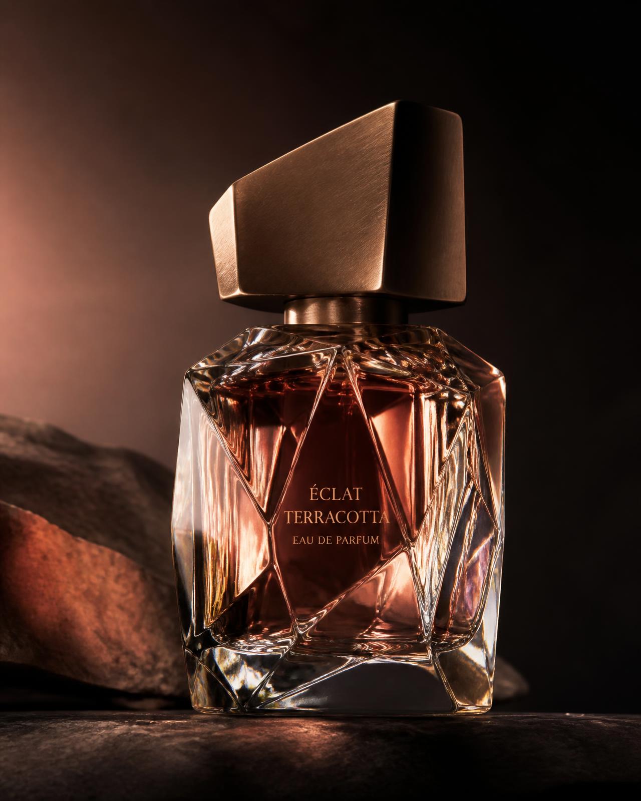 Faceted crystal fragrance bottle with a brushed bronze cap under warm directional light