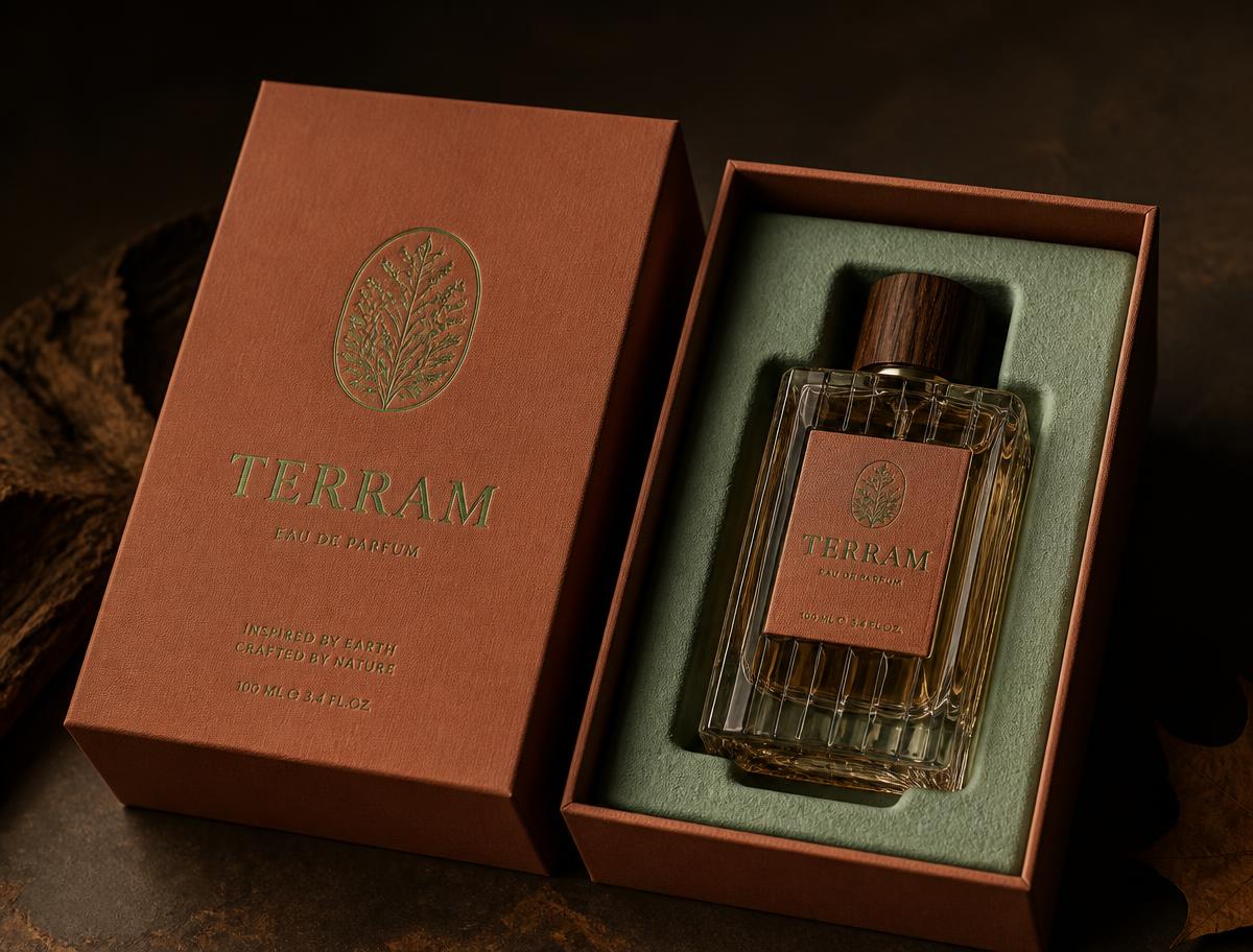 Terracotta rigid box with sage foil deboss holding a fragrance bottle