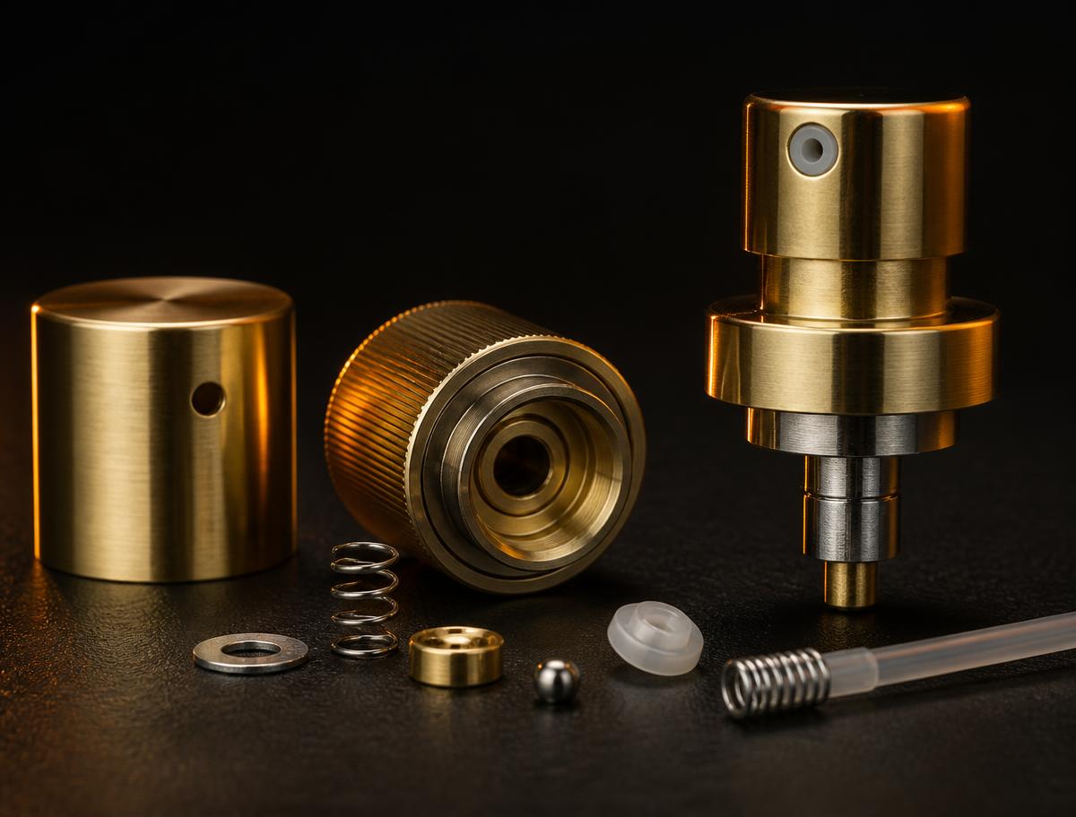 Disassembled brass crimp sprayer pump components on a dark surface